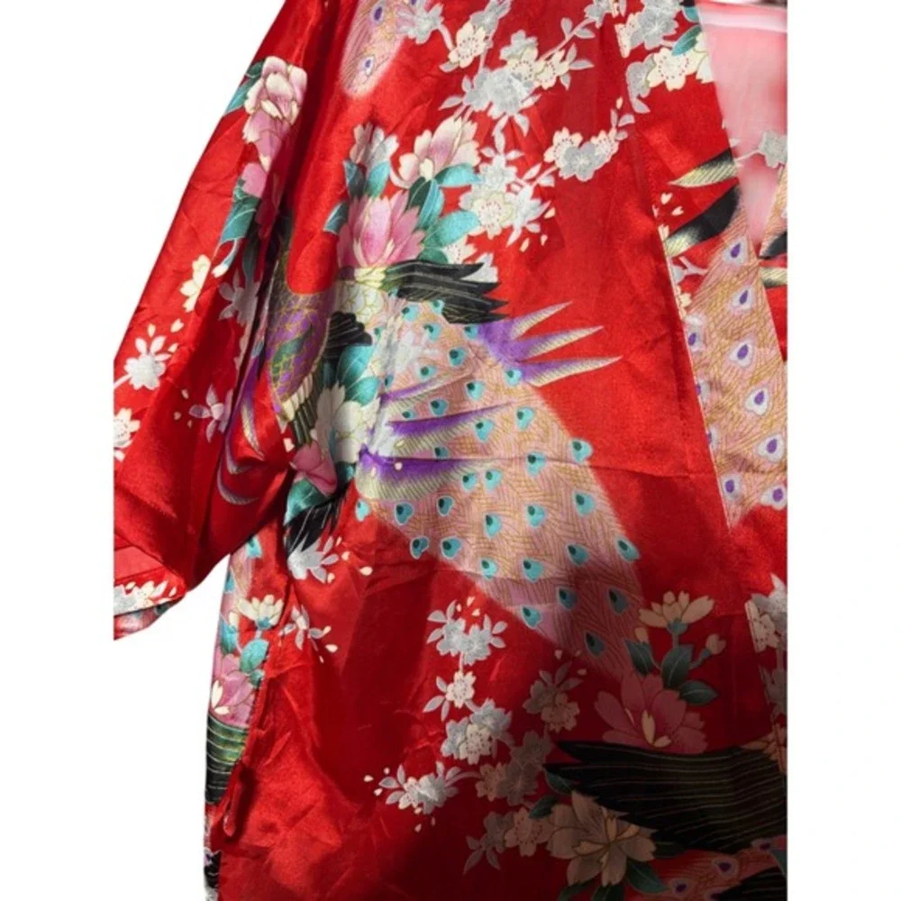 Tian Bao‎ Gong Unisex Medium Red Peacock Floral Short Sleeve Kimono Robe Resort